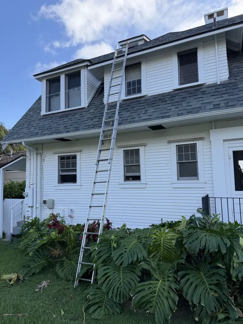 An extension ladder set against a white two-story Hawaii home